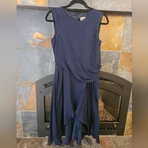 Haute Hippie Navy Blue Sleeveless Silk Draped Waist Midi Dress SZ 4 keyhole back